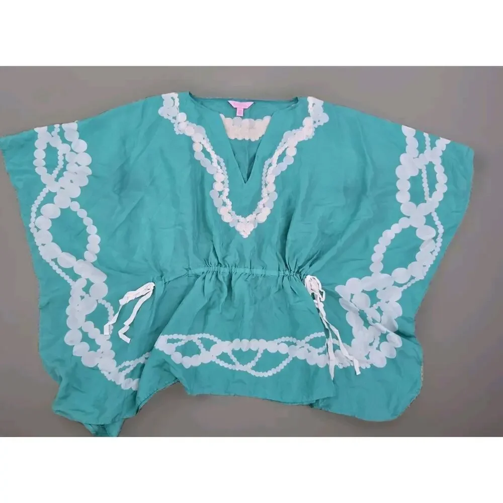 Lilly Pulitzer Size S/M Over sized Silk Blouse with‎ Drawstrings Green Kaftan